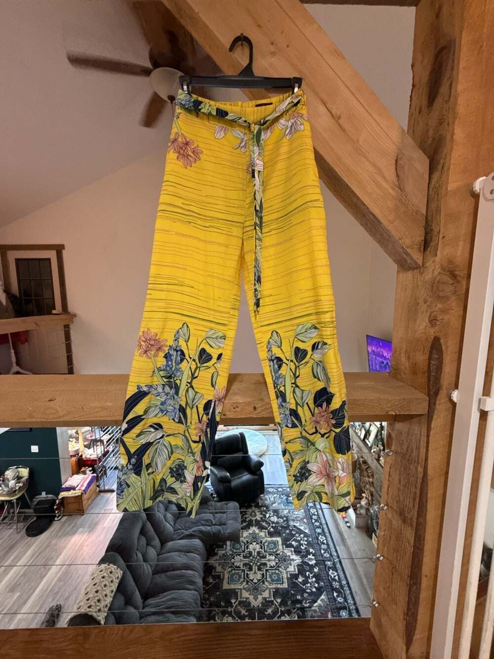 Milk & Honey Women's Yellow Floral Striped Wide Leg Pants with Belt